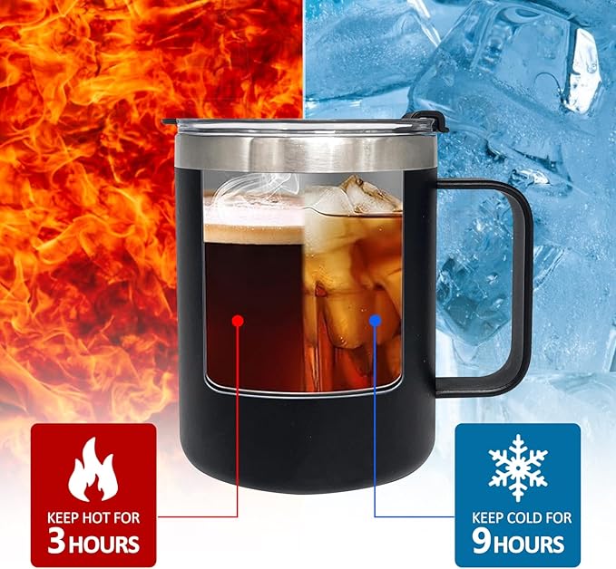 1pack 12oz Coffee Mug With Handle Bulk, Stainless Steel Insulated Travel Tumblers With,Double Wall Vacuum Camping Cup for Hot & Cold Drinks Tea (Black)