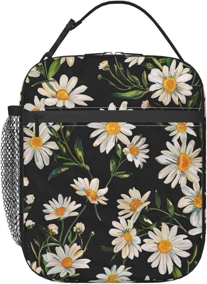 Reusable Daisy Lunch Box for Kids Girls Boys Women Adult, Insulated Floral Lunch Bag,Polyester Cooler Flower Handbags Case for School Picnic Work Travel Beach or Hiking (Black)