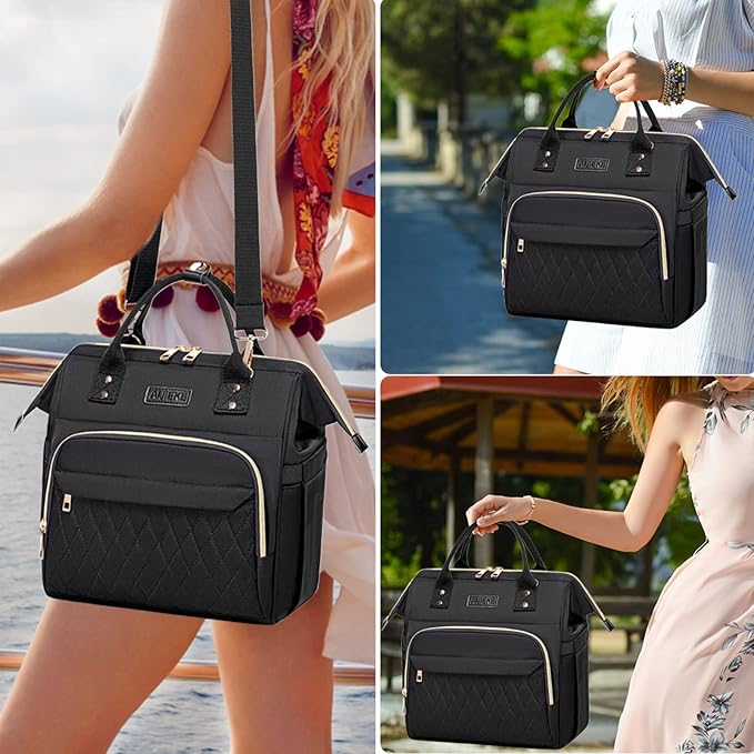AIJIEKE Lunch Bag for Women, Large Lunch Box for Work Insulated Lunch Bag, Adult Leak Proof Lunch Tote Cooler Bag with Side Pockets & Adjustable Strap, Lunch Purse for Picnic Beach, Black
