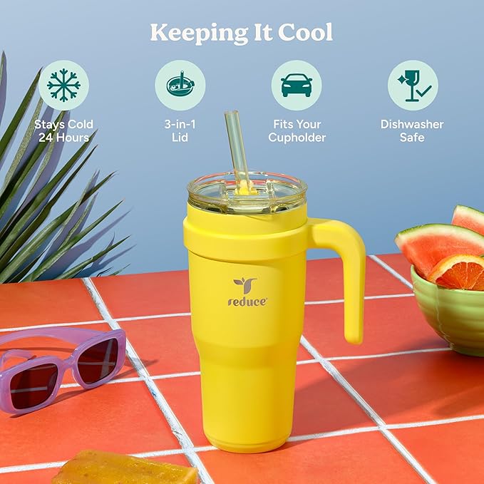 Reduce 24 oz Stainless Steel Tumbler with Handle - Dual-Wall Vacuum Insulated Travel Mug, Sweat-Proof Lid & Reusable Straw - Keeps Drinks Cold for 24 Hrs, Fits Cupholders, Dishwasher Safe -Pina Colada