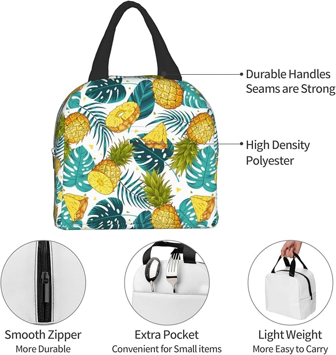 Pineapples Insulated Lunch Bag with Front Pocket,Reusable Cooler Tote with Zipper Use for Men & Women Camping/Hiking/Picnic/Beach/Travel