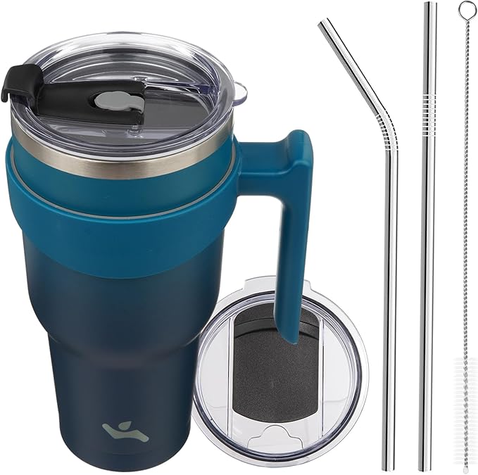 40 oz Tumbler with Handle and 2 Straw 2 Lid, Insulated Water Bottle Stainless Steel Vacuum Cup Reusable Travel Mug,Indigo Black