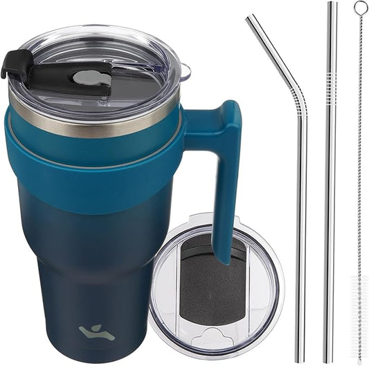 40 oz Tumbler with Handle and 2 Straw 2 Lid, Insulated Water Bottle Stainless Steel Vacuum Cup Reusable Travel Mug,Indigo Black