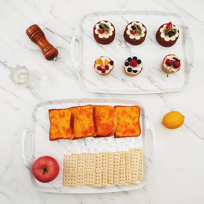 TP Serving Trays with Handles, 17 Inch Large Rectangular Melamine Serving Platter Set of 2, White Marble