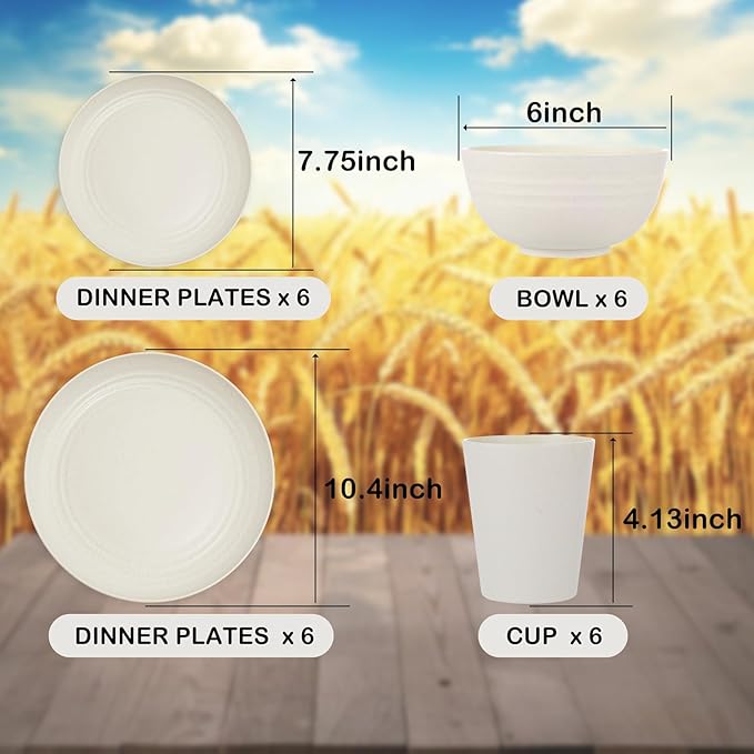 supernal 24pcs Wheat Straw Dinnerware,Unbreakable Dinner Plates Set,Microwave Dishwasher Safe,Beige Reusable Plates for Picnic,Birthday,Camping