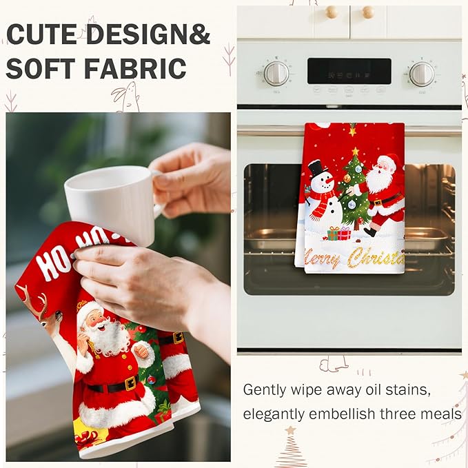 2PC Christmas Kitchen Towels,Red Dish Towels Xmas Absorbent Christmas Towels Decoration Winter Holiday Snowman Housewarming Gift for Kitchen Hand Towel 18 x 27 Inch