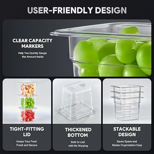 Wilprep 6 Pack Plastic Food Pans with Lids, 1/6 Size 6 in Deep Clear Food Storage Containers, 2.6 qt Stackable Polycarbonate Commercial Hotel Pans for Fruits Vegetables Beans Corns, NSF Listed