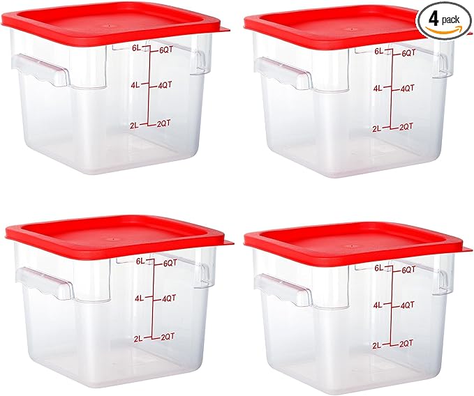 4 Pack Clear Food Storage Containers with Lids and Handles Polycarbonate Square Commercial Food Containers, NSF (6Qt)