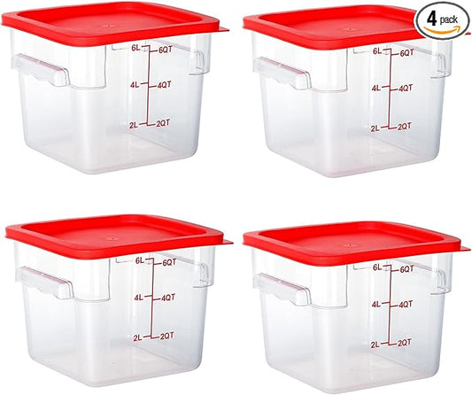 4 Pack Clear Food Storage Containers with Lids and Handles Polycarbonate Square Commercial Food Containers, NSF (6Qt)