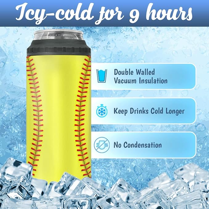 winorax Softball Tumbler 4-in-1 Can Cooler Softball Stainless Steel Insulated Tumblers Coffee Travel Mug Cup With Lid Gift Tumblers For Men Women Sports Gifts For Players Fan Coach Lovers