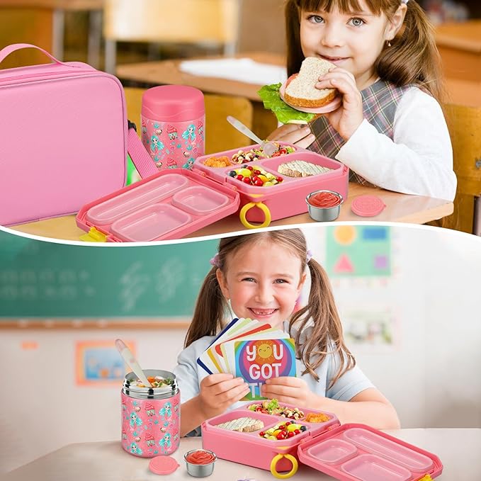 Bento Lunch Box for Kids with 12oz Soup Thermo Leak-Proof Lunch Food Container with 5 Compartment Thermo Hot Food Jar and Insulated Lunch Bag for Kid Toddler Girls Boys to School