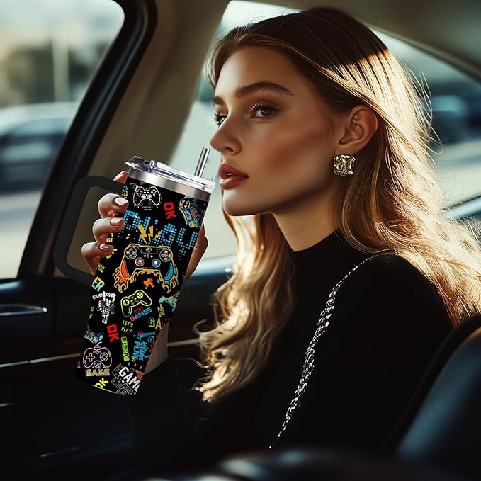 Gamer Gifts for Men Boys Tumbler with Handle and Straws 30oz Stainless Steel Gamer Insulated Travel Cups - Birthday Present for Men, Dad, Son, Husband - Gaming Gifts for Him Coffee Mugs