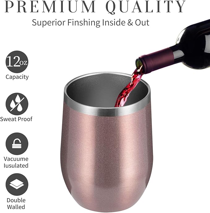 MEWAY 12oz Wine Tumbler 16 Pack Bulk Gifts for Women,Double Wall Vacuum Stainless Steel Travel Mug with Lid,Insulated Stemless Wine Cup Glass for Coffee,Cocktails,Drinks(Rose gold,Set of 16)