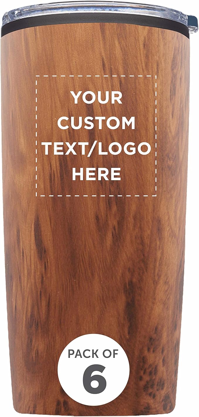 Custom Plastic Tumblers 20 oz. Set of 6, Personalized Bulk Pack - With lids, Ice Coffee Tumbler, To Go Cup, Insulated - Wood