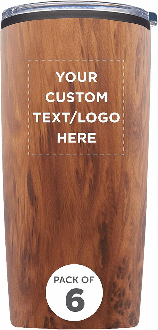 Custom Plastic Tumblers 20 oz. Set of 6, Personalized Bulk Pack - With lids, Ice Coffee Tumbler, To Go Cup, Insulated - Wood
