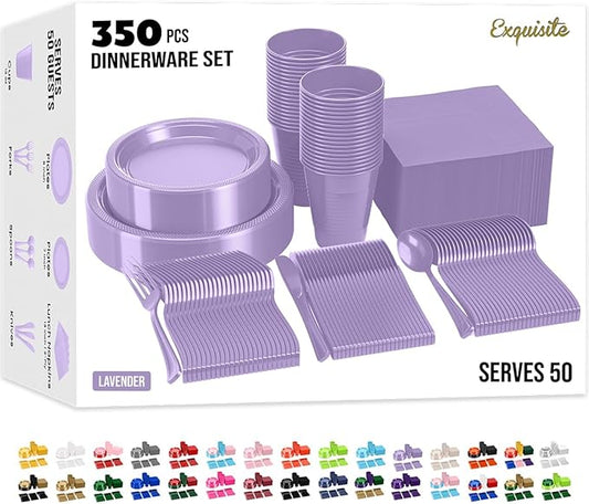 Party Solids 350 Pieces Lavender Plastic Plates For Party, Lavender Disposable Plates Set, 50 Of Each 9" Dinner Plate Set, 7" Dessert Plate, Cups, Napkins & Cutlery Plastic Dinnerware