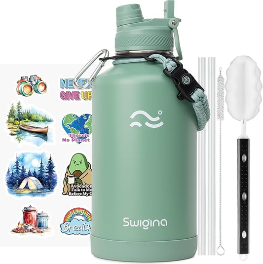 [2-IN-1 LID] 64 oz Insulated Water Bottle with Silicone Boot (48hrs Cold/24hrs Hot) - DIY Stickers, Leakproof, BPA Free, Half Gallon