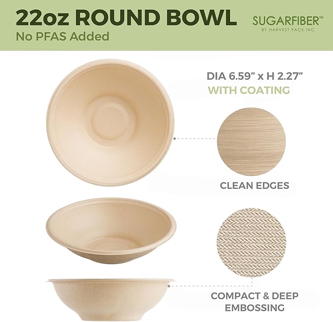 [500 Count]Sugarfiber by Harvest Pack 22oz Round Bowls PFAS Free with PLA coating with PET Lid -Heavy-Duty Eco-Friendly Disposable Bagasse Sugarcane Bowl for Meal Prep
