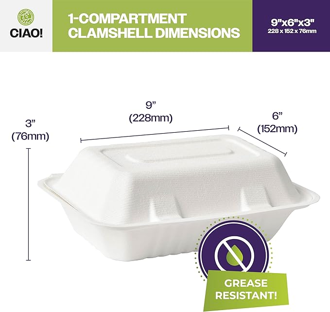 CIAO! 9"X6"X3" Clamshell 1 Compartment 100% Compostable Ecofriendly PFAS Free Unbleached Bagasse Natural White (250/case)