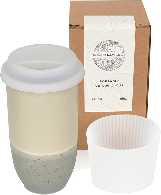 Travel Mug - Ceramic Coffee Mug With Lid – Microwave & Dishwasher Safe Coffee White & Grey Tumbler - Gifts For Women Men Him Her – 16oz – Mist