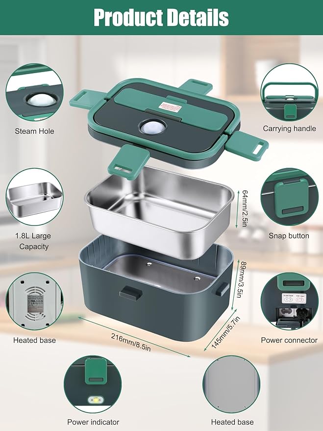 Buddew Electric Lunch Box for Adults, 80W Heated Lunch Box 1.8L Stainless Steel Portable Food Warmer,12/24/110V Lonchera Electrica Portatil for Travel & Work, Loncheras para Hombres de Trabajo