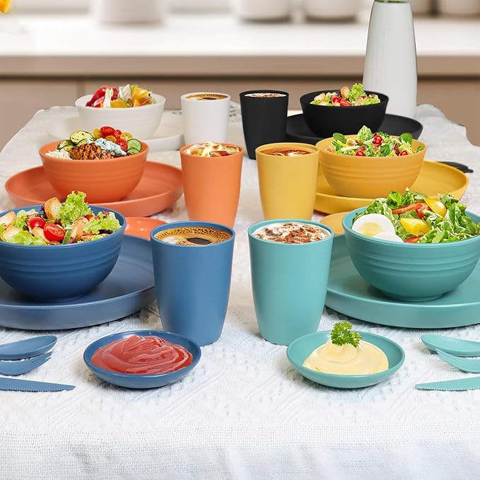 Wrova Wheat straw dinnerware set of 28 - Bowls and Plates Set for Dorm - Microwave and Dishwasher safe dish sets for kitchen,camping,indoors and out doors.Black