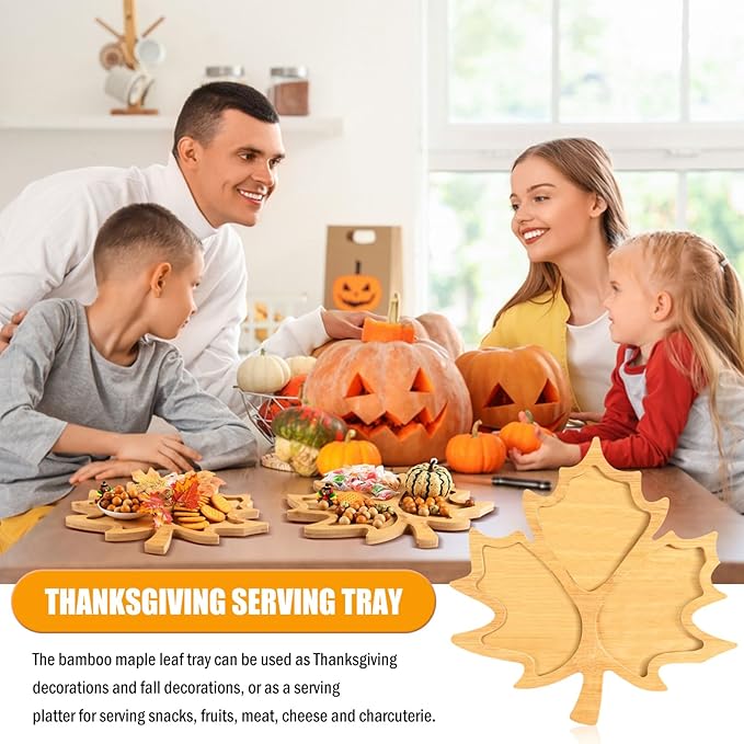 AWIZOM Maple Leaf Charcuterie Boards Thanksgiving Wooden Serving Platter Bamboo Serving Tray Sectional Fall Leaf Wood Dish Plate for Halloween Autumn Harvest Party Supplies,14.17x14.17x0.59 Inch