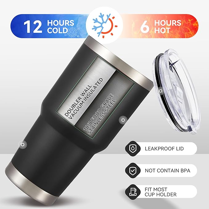 30 oz Tumbler with Lid Stainless Steel Tumblers Vacuum Insulated Cup Reusable Powder Coated Travel Mug Double Wall Leak Proof Portable Cups Keep Cold Drinks for 12 Hours, Black, 1 Pack