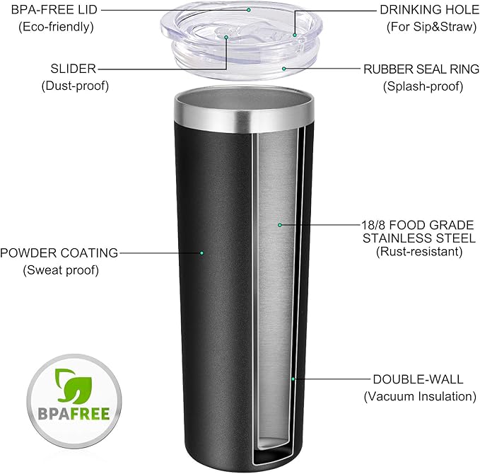VEGOND Stainless Steel Tumblers Bulk 6 Pack, 20 oz Vacuum Insulated Skinny Tumblers with Lid and Straw, Double Wall Coffee Mug, Travel Water Cup, Black