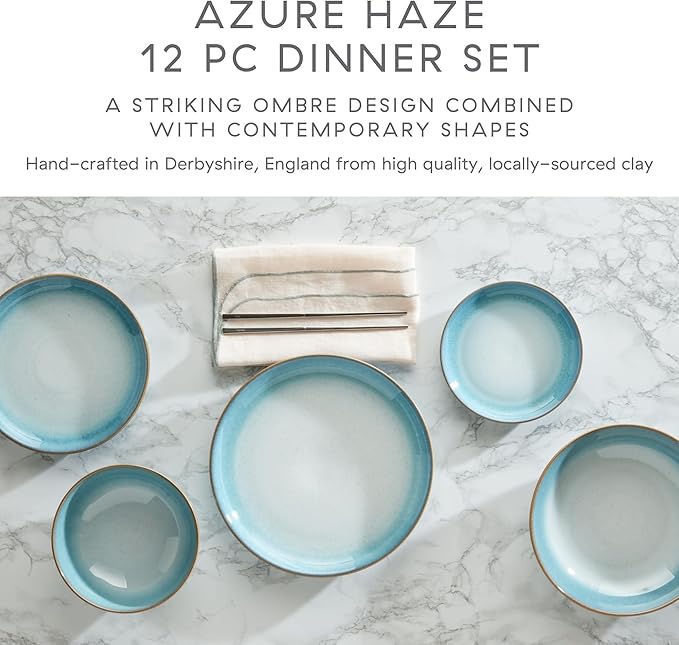 Denby - Azure Haze Dinner Set For 4-12 Piece Coupe Reactive Glaze Aqua Ceramic Stoneware Tableware Set - Dishwasher Microwave Oven Safe - Scratch Chip Resistant