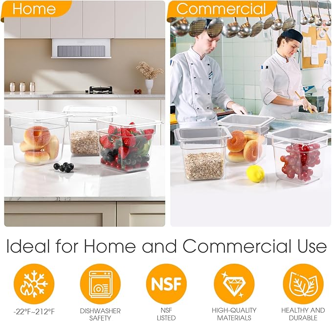 6 Pack 6'' Deep NSF Food Pans 1/6 Size | Commercial Food Storage Containers | Polycarbonate Plastic Pans for Restaurant | Commercial Grade for Food Prep | Clear