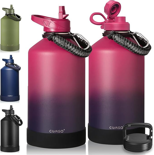 CIVAGO Gallon Insulated Water Bottle Jug with Straw, 128 oz Large Stainless Steel Water Flask, Big Metal Thermal Mug with 3 Lids for Sports, Travel, Gym, and Camping, Dark Rainbow