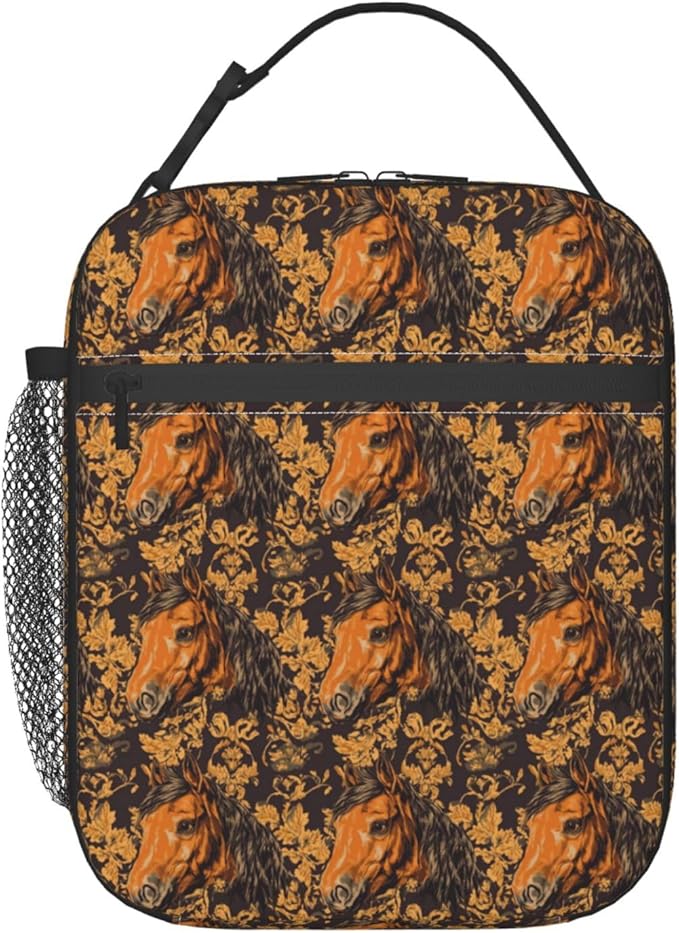 Vintage Horse Lunch Box for Adults,Men,Women,Brown Animal with Floral Background Insulated Lunchbox,Leakproof Tote Bag,Reusable Cooler Bags for Work,Picnic,Office,Travel,Stylish Lunchbag Gifts