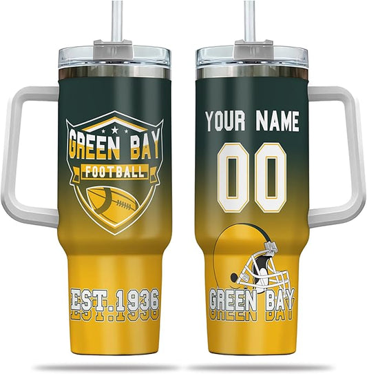 Custom 40oz Football Stainless Steel Tumbler with Handle & Straw, Personalized Insulated Travel Mug, Add Name & Number Cup, Sports Fan Game Day Gift (Green Bay-01)