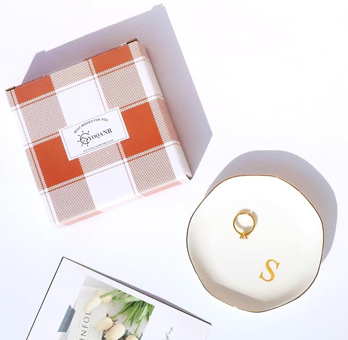 Ceramic Jewelry Tray Initial Ring Dish Personalized S-Monogrammed Engagement Wedding Gifts, for Birthday Mother's Day Christmas for Women, Ceramic White 4.75" (S)