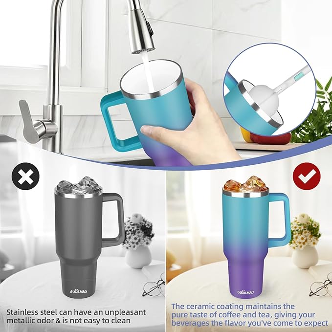 40 oz Insulated Coffee Mug with Ceramic Coating, Stainless Steel Travel Coffee Tumbler with Handle Lid and Straw, Double Wall Leak-Proof Coffee Travel Mug Keeps Drink Hot and Cold (Azure Purple)