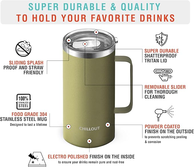 CHILLOUT LIFE Stainless Steel Vacuum Insulated Coffee Mug 16 oz (Set of 2) with Handle and Lid, Large Thermal Camping Coffee Mugs with Sliding Lid for Men & Women, Keeps Your Beverages Hot & Cold