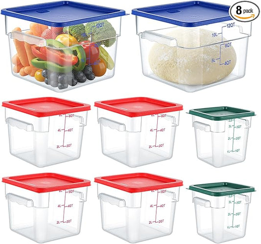 8 Set Square Food Storage Containers with Lid Contains 4 Pcs 6 Qt, 12 Quart and 4 Quart 2 Each, Clear Polycarbonate Commercial Food Storage Container Dough Proofing for Restaurant Home