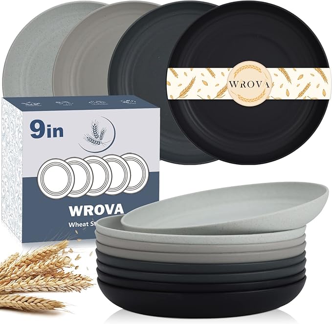 Wrova Wheat Straw Dinner Plates - 9 Inch Unbreakable Set of 8 - Dishwasher & Microwave Safe Reusable Plates - Lightweight for Kitchen & Camping (Classic Series)