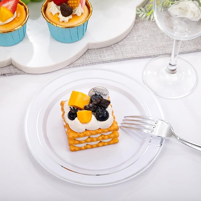 bUCLA 300PCS Silver Disposable Plastic Dinnerware Set - 50 Guests White Silver Disposable Plates Include 50 Dinner Plates,50 Dessert Plates,50 Knives,50 Forks,50 Spoons,50 Cups for Party & Christmas