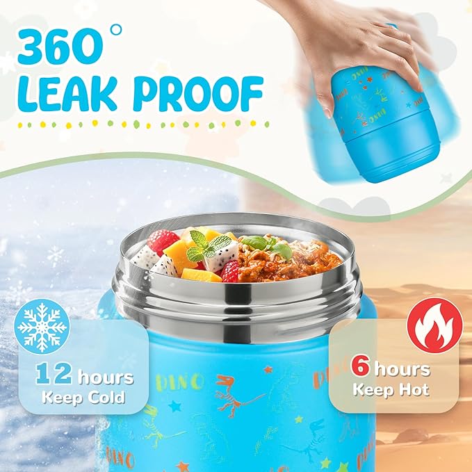 10oz Soup Thermo for Hot Food Kids Insulated Food Jar with Spoon Wide Mouth Stainless Steel Lunch Container Leak Proof Vacuum Food Box for School Travel Picnic Blue Dinosaur