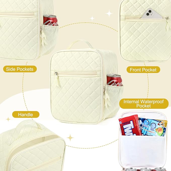 Aileam Lunch Box Lunch Bag for Women Cute Girls Lunch Box Insulated Womens Lunch Bag For Work Quilted Large Capacity Reusable Insulated Cooler for Work School Picnic Travel, Cream White