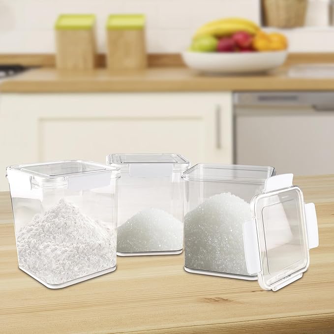 Set Of 3 Large Food Storage Jars 4L - Airtight Containers with Lids,Sugar and Flour Containers Set with Spoon,Kitchen Canisters for Sugar,Flour, Coffee,Pantry Organization Keeper(Clear-3 Pack)