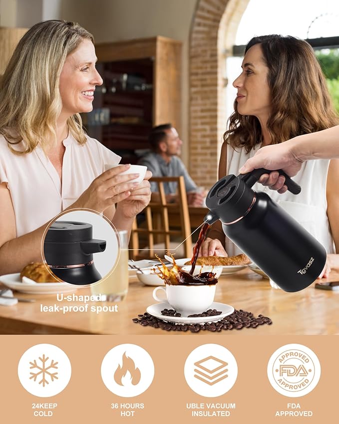 Thermal Coffee Carafe 70 oz - 36 Hour Hot Stainless Steel Carafes for Hot Liquids-Insulated Coffee Carafes For Keeping Hot/Cold Coffee, Tea, Water, Drink Dispenser for Parties(Black)