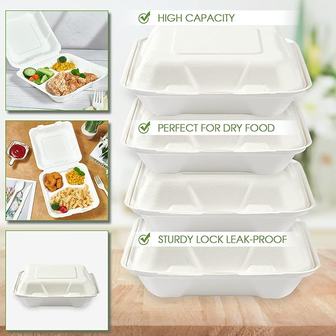 Vplus 100% Compostable Clamshell Take Out Food Containers, 90 PACK 8 inch x 8 inch Eco-Friendly Disposable 3 Compartment, Heavy-Duty Bagasse To-Go Containers for Next Day Lunch, Potluck Party