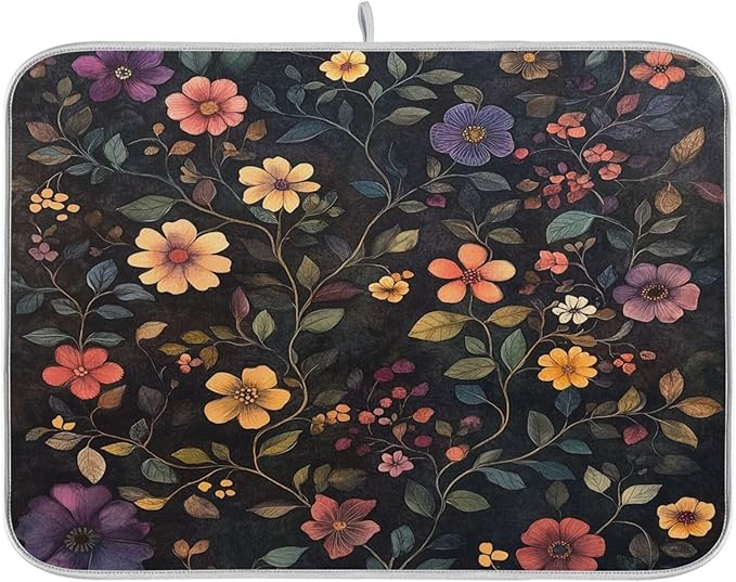 Retro Flower Vines Dish Drying Mat for Kitchen Counter Super Absorbent Dishes Pad Reversible Microfiber Protector Dish Draining Mats 16x18 inch