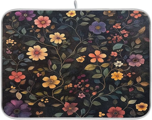 Retro Flower Vines Dish Drying Mat for Kitchen Counter Super Absorbent Dishes Pad Reversible Microfiber Protector Dish Draining Mats 16x18 inch