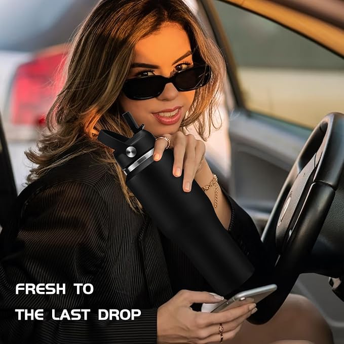 32oz Stainless Steel Water Bottle, Cold-48H & Hot-24H, Water Flask Thermal with Straw & Spout Lids, Pouch, Vacuum Insulated Bottle for Father's Day Gift Black