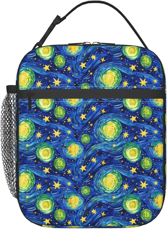 Reusable Starry Night Lunch Box for Kids Girls Boys Women Adult, Insulated Cute Space Lunch Bag,Polyester Cooler Handbags Case for School Picnic Work Travel Beach or Hiking (Vibrant Blue)