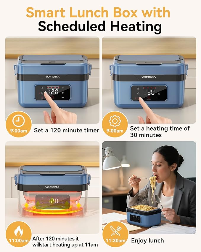 Yofidra Cordless Electric Heated Lunch Box: 6.3 Cups Self Heating Lunch Box with Battery, Timer & Temperature Control, Extra Large Portable Food Warmer for Adults, Men & Women in Office Car Outdoor